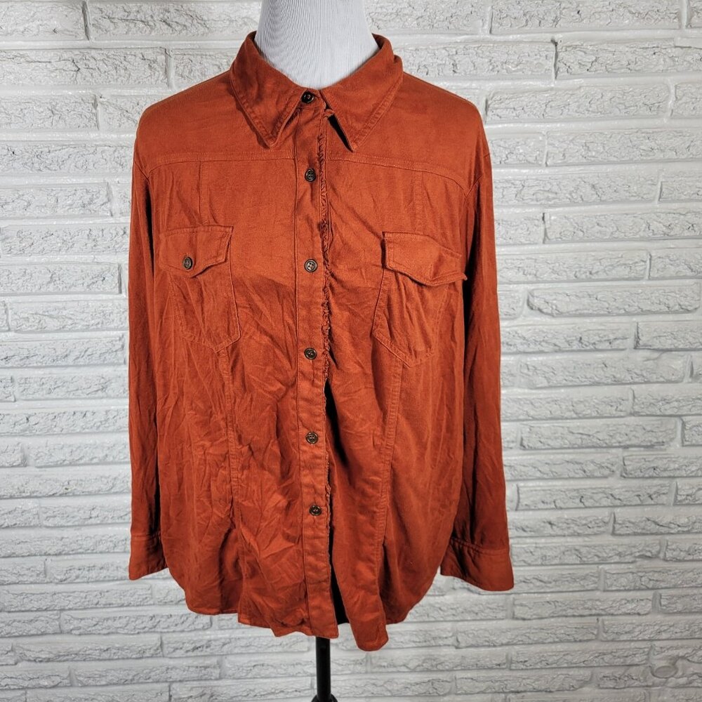 Susan Graver Womens 1X Burnt Orange Button Up Top Collared Long Sleeve ORA2E‎